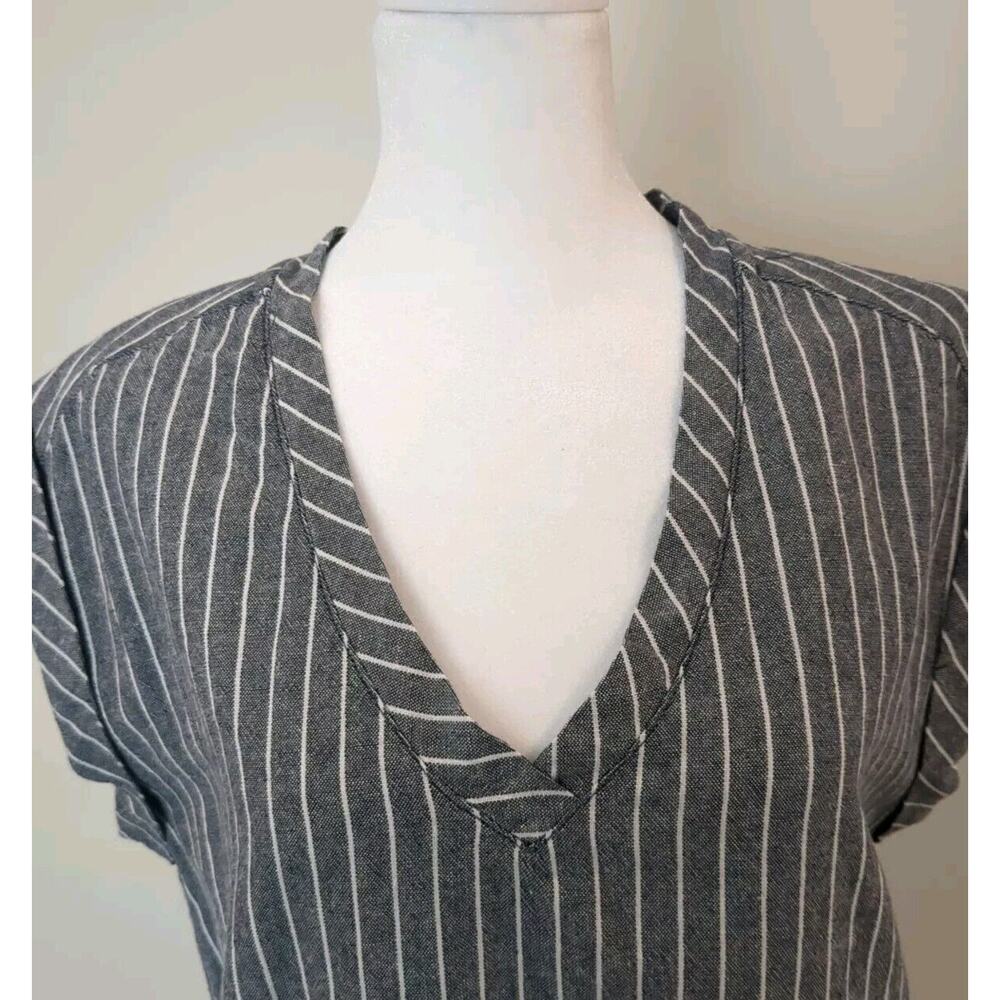 Rhythm. made For adventure Dress Linen Blend Denim Blue Stripe Sleeveless V Neck - Picture 3 of 13
